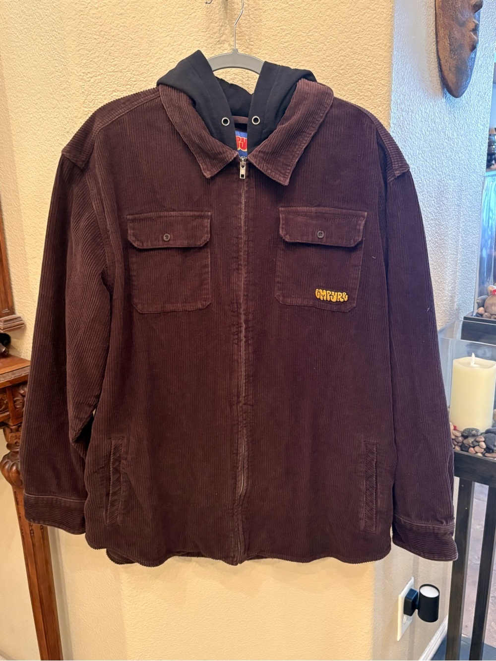 EMPYRE Men Brown Corduroy Zip-Up Hoodie Streetwear Shacket Jacket Size XL